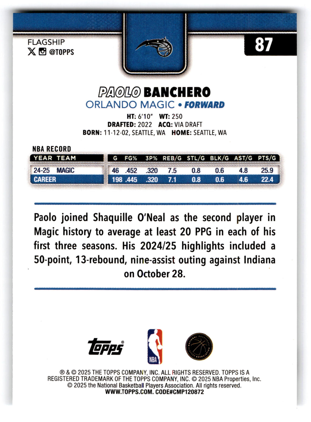 2025 Topps Basketball Paolo Banchero #87
