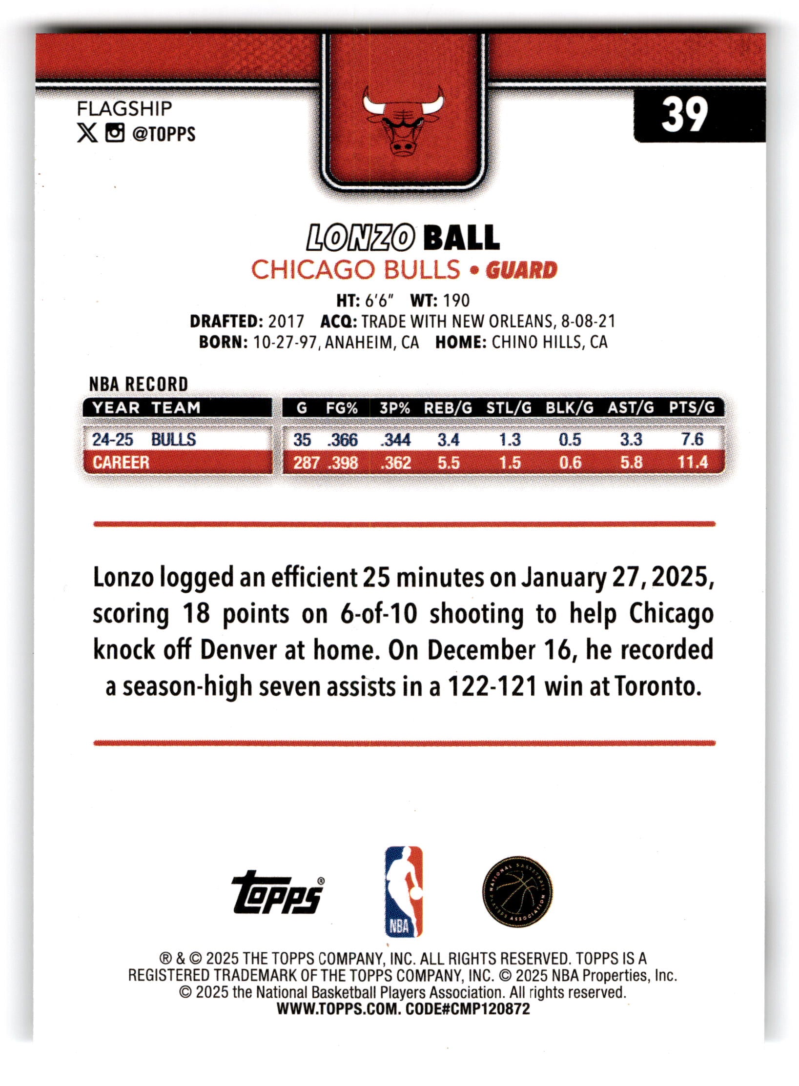 2025 Topps Flagship Lonzo Ball #39