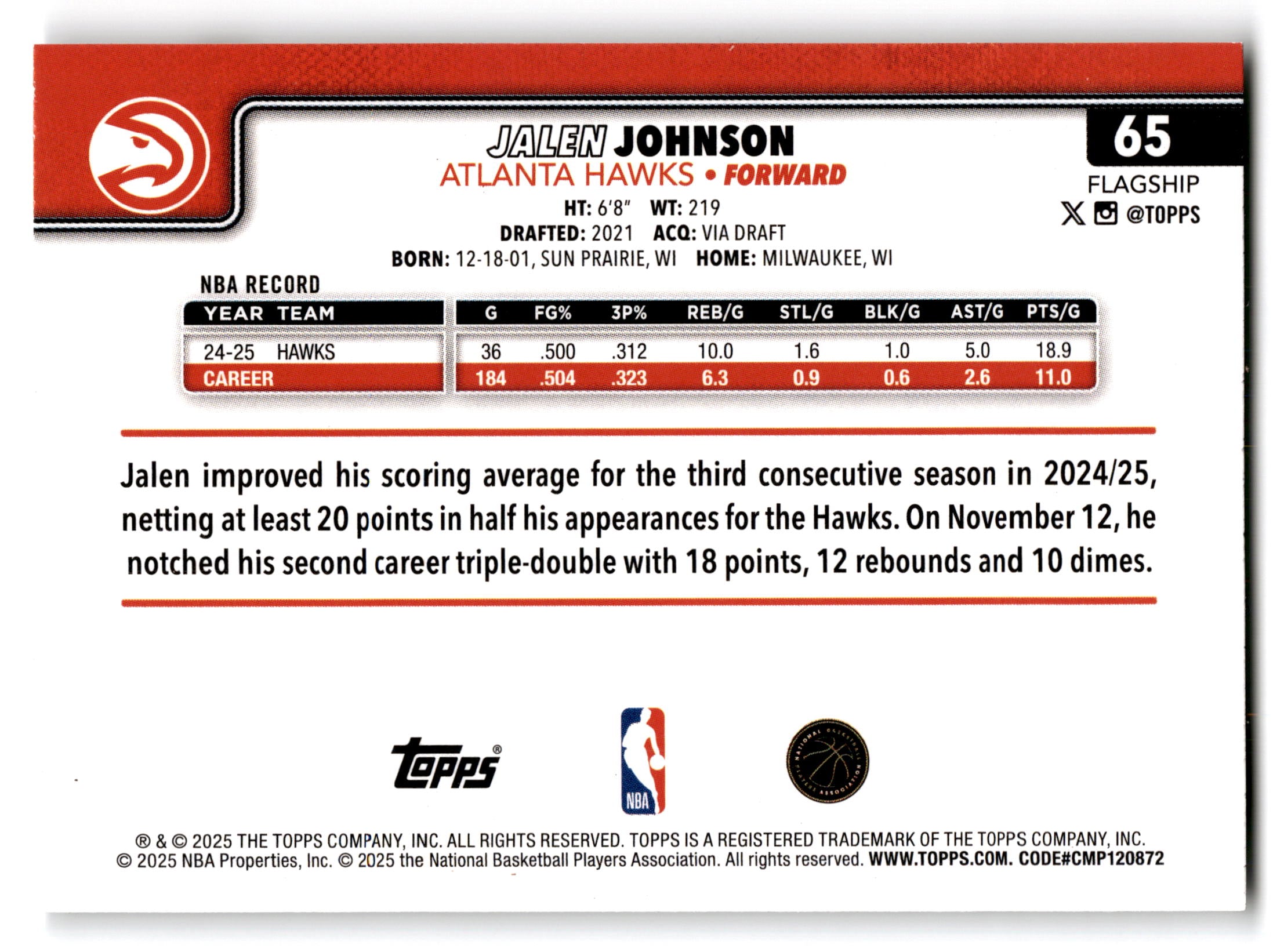 2025 Topps Flagship Jalen Johnson #65