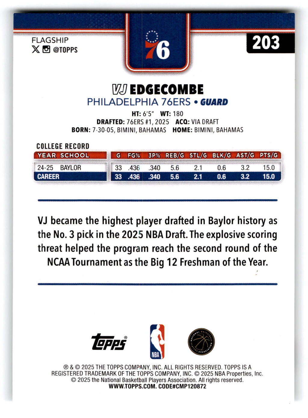 2025 Topps Flagship VJ Edgecombe #203 RC