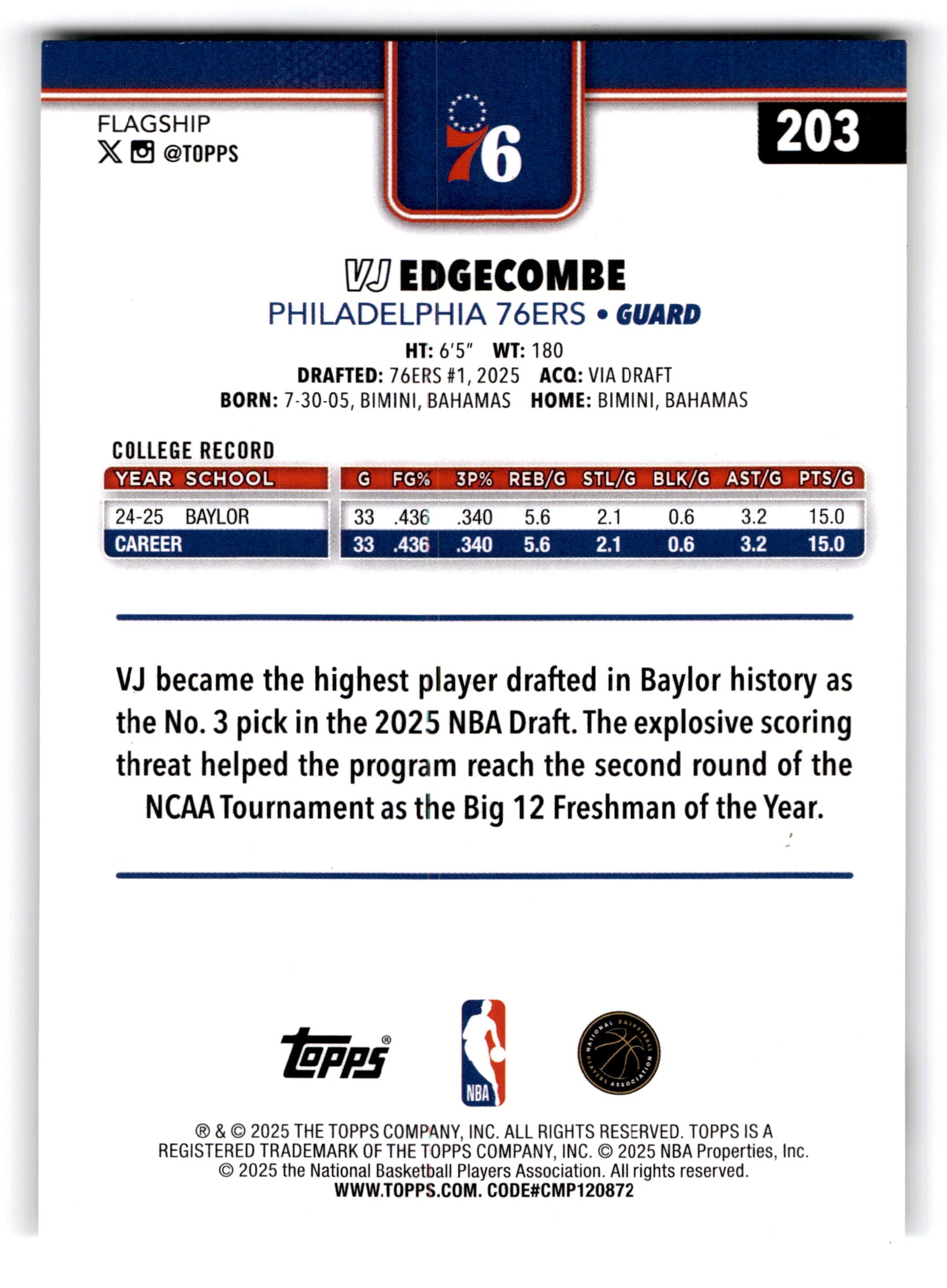 2025 Topps Flagship VJ Edgecombe #203 RC