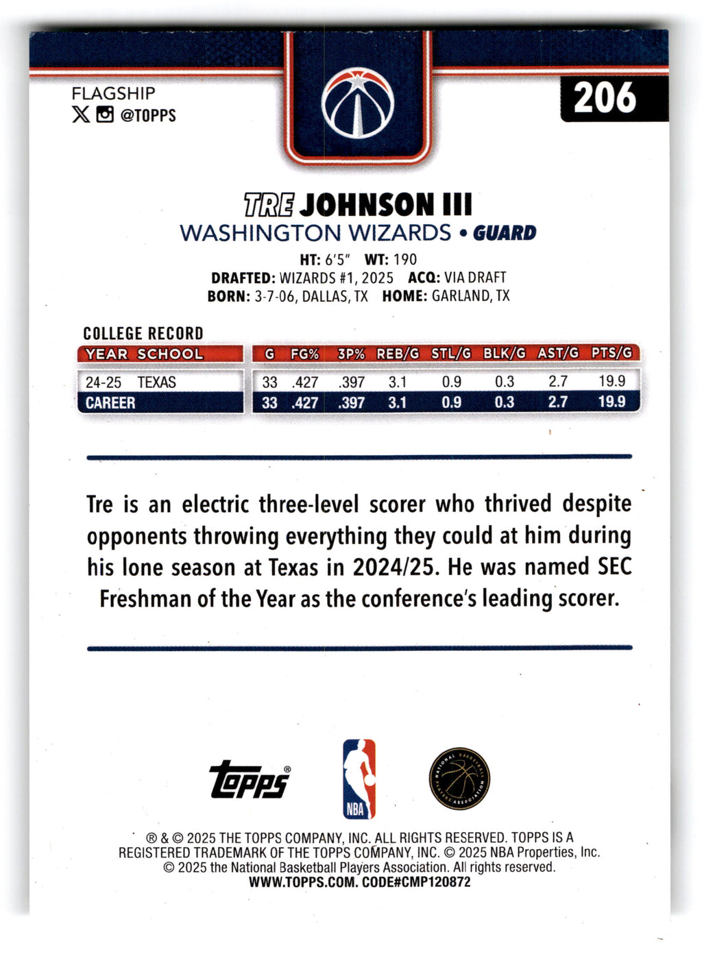 2025 Topps Flagship Basketball Tre Johnson III #206 RC