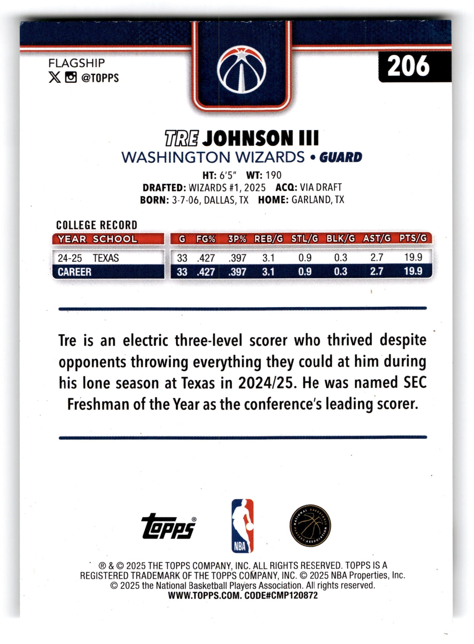 2025 Topps Flagship Basketball Tre Johnson III #206 RC