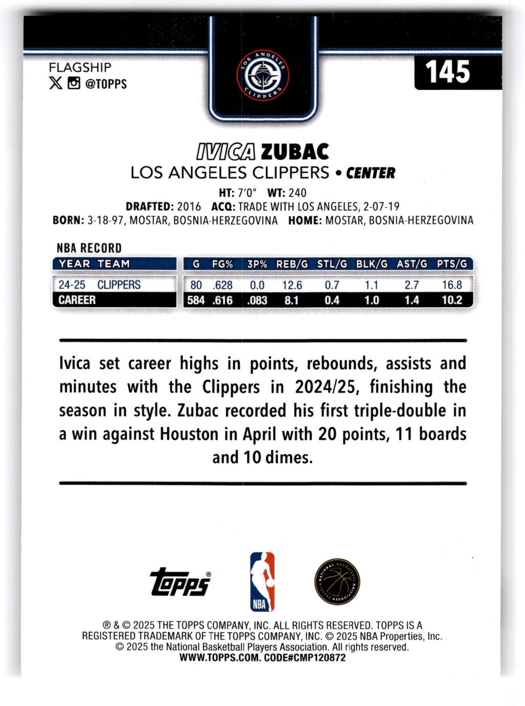 2025 Topps Flagship Basketball Ivica Zubac #145