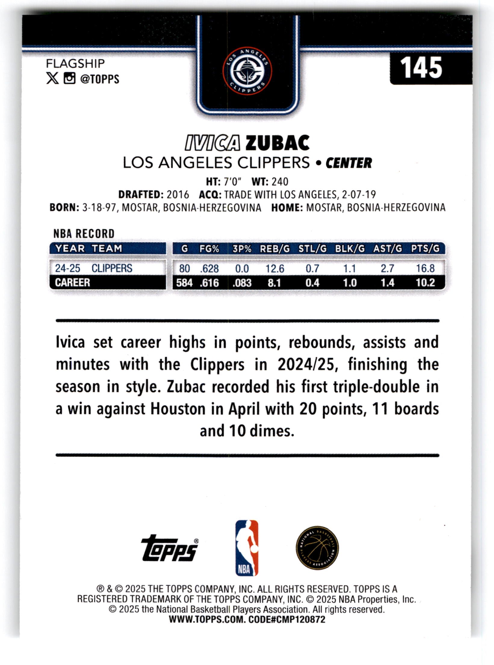 2025 Topps Flagship Basketball Ivica Zubac #145