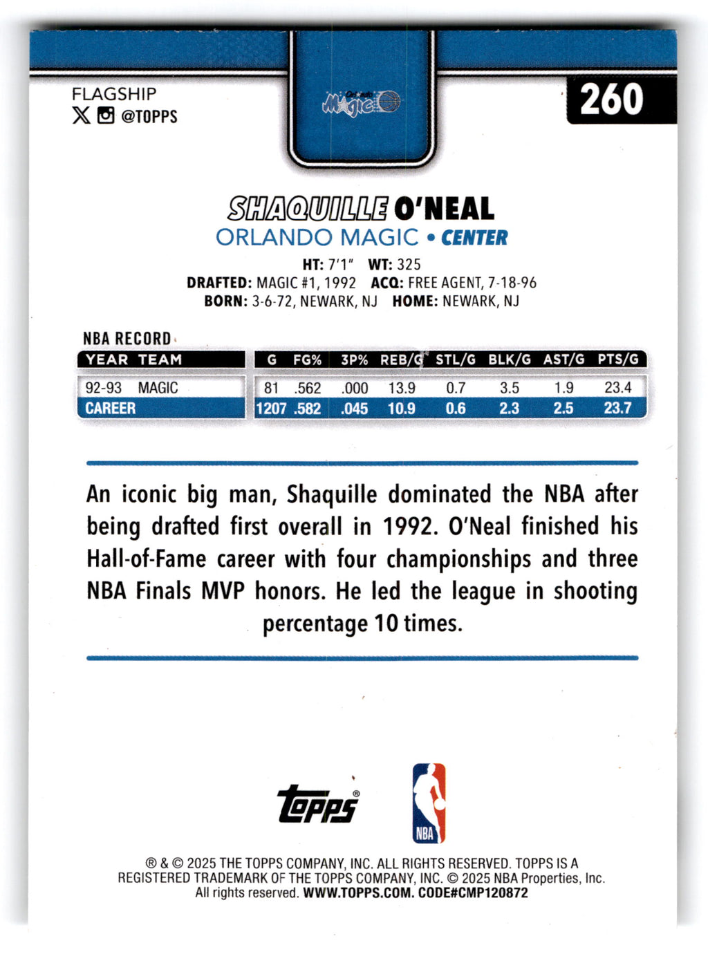 2023 Topps Basketball Shaquille O'Neal #260
