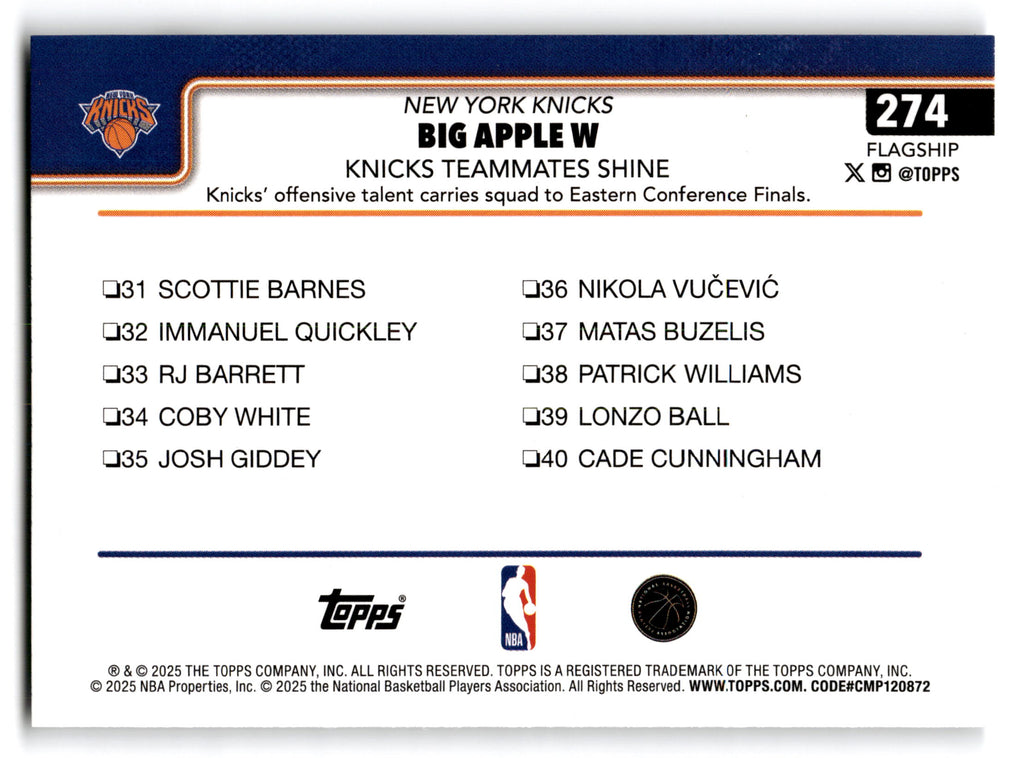 2025 Topps Flagship Isaiah Hartenstein Miles McBride Jalen Brunson #274