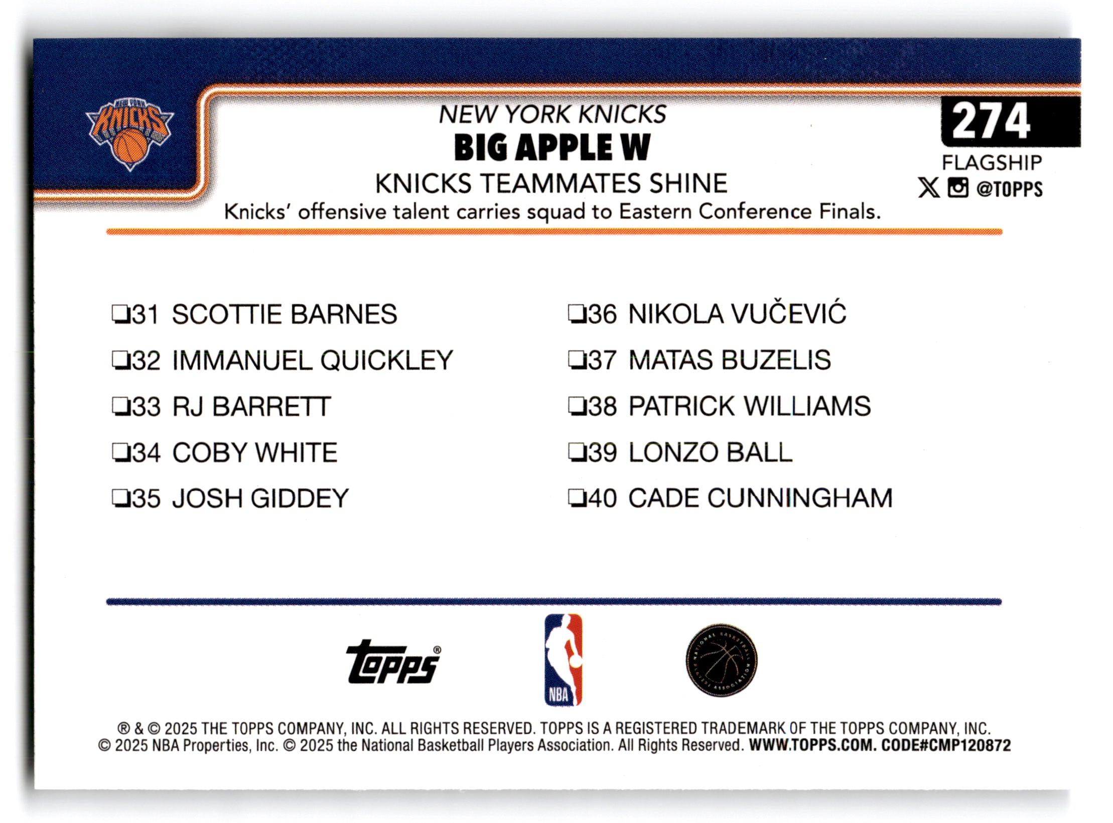 2025 Topps Flagship Isaiah Hartenstein Miles McBride Jalen Brunson #274