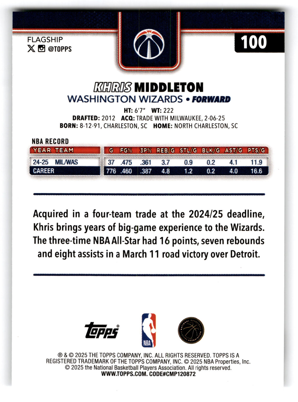 2025 Topps Flagship Khris Middleton #100