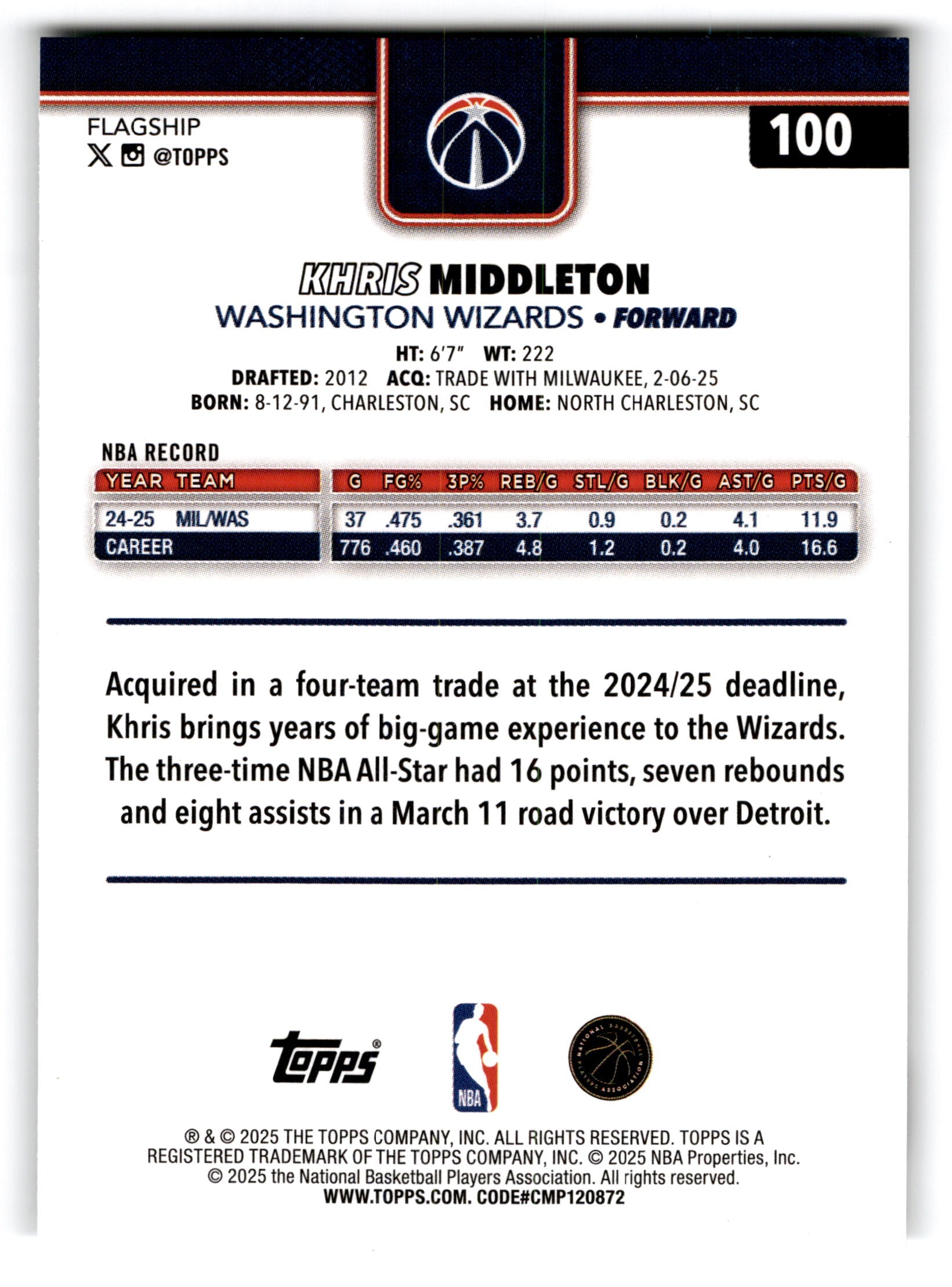 2025 Topps Flagship Khris Middleton #100