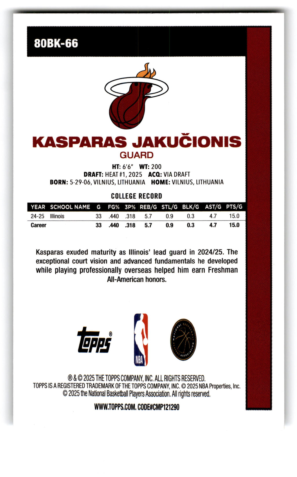 2025 Topps Kasparas Jakučionis #80BK-66 RC