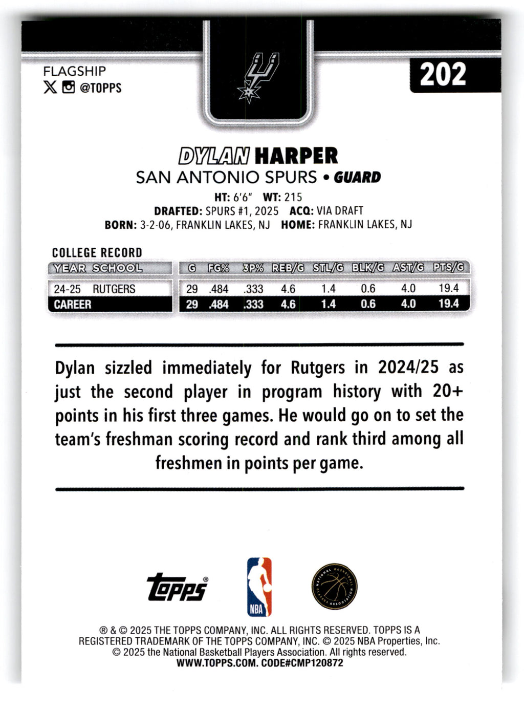 2025 Topps Flagship Dylan Harper #202 RC