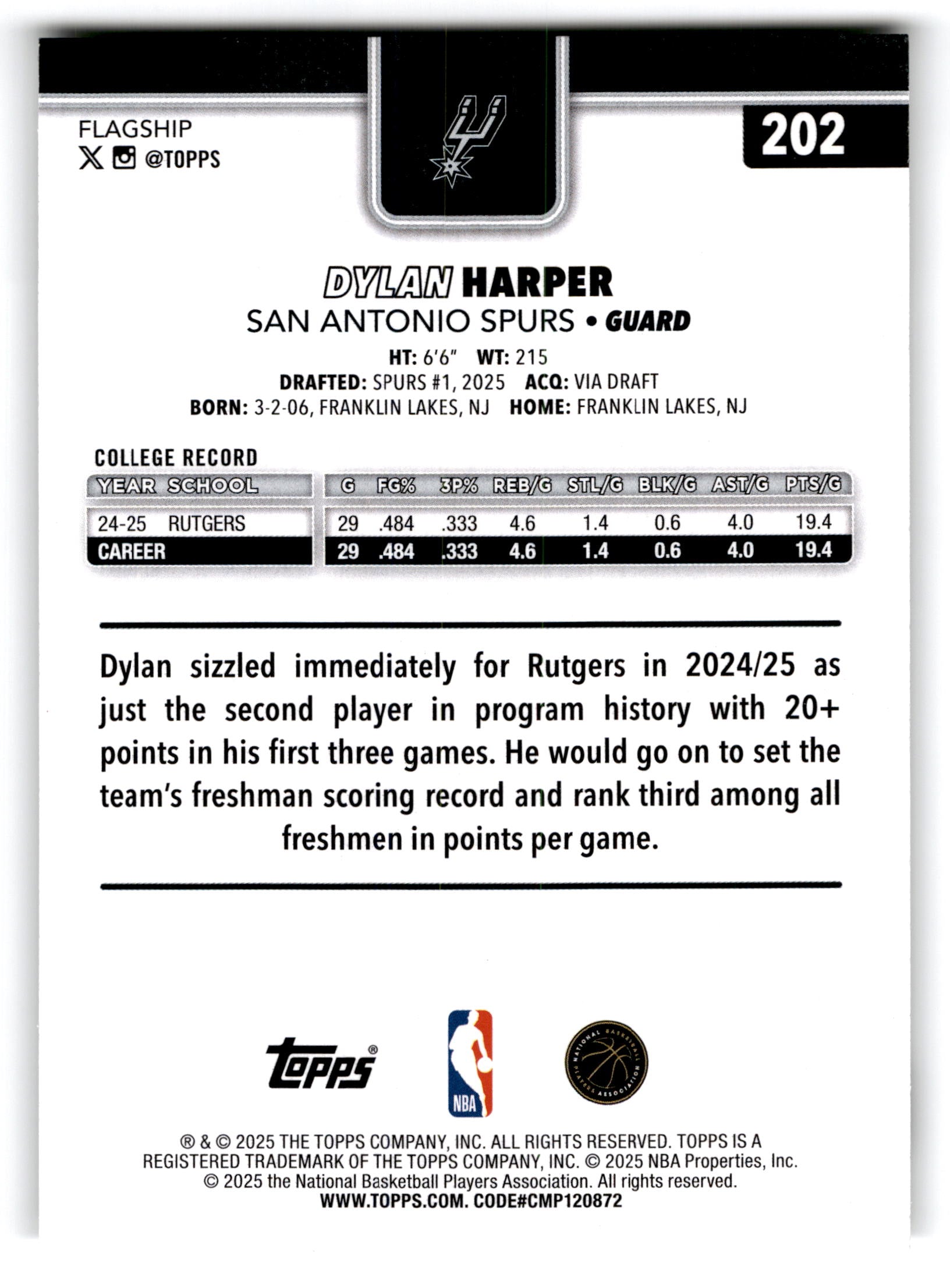 2025 Topps Flagship Dylan Harper #202 RC