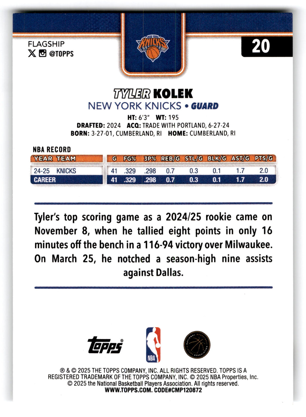 2025 Topps Flagship Tyler Kolek #20