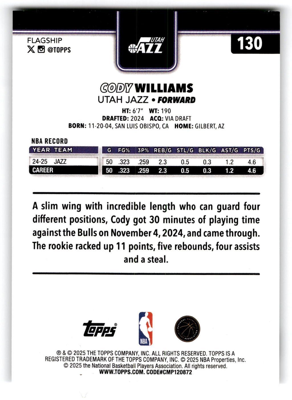 2025 Topps Flagship Cody Williams #130