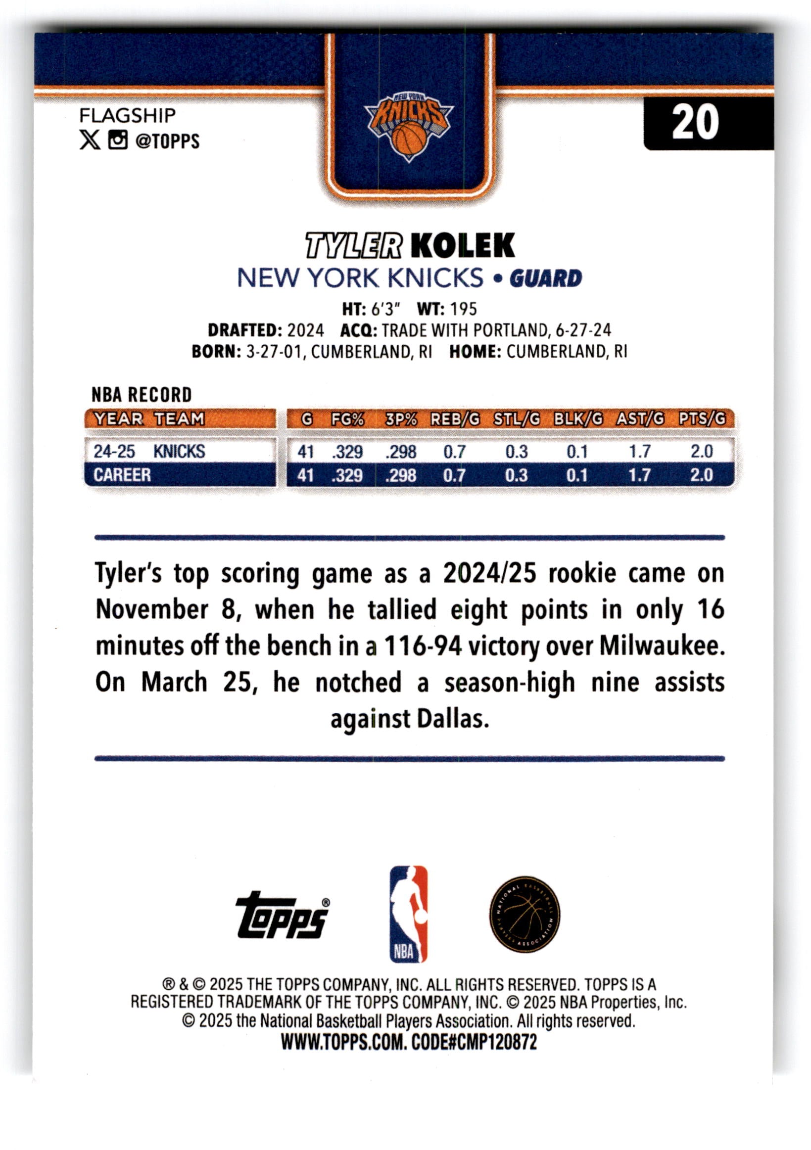 2025 Topps Flagship Tyler Kolek #20