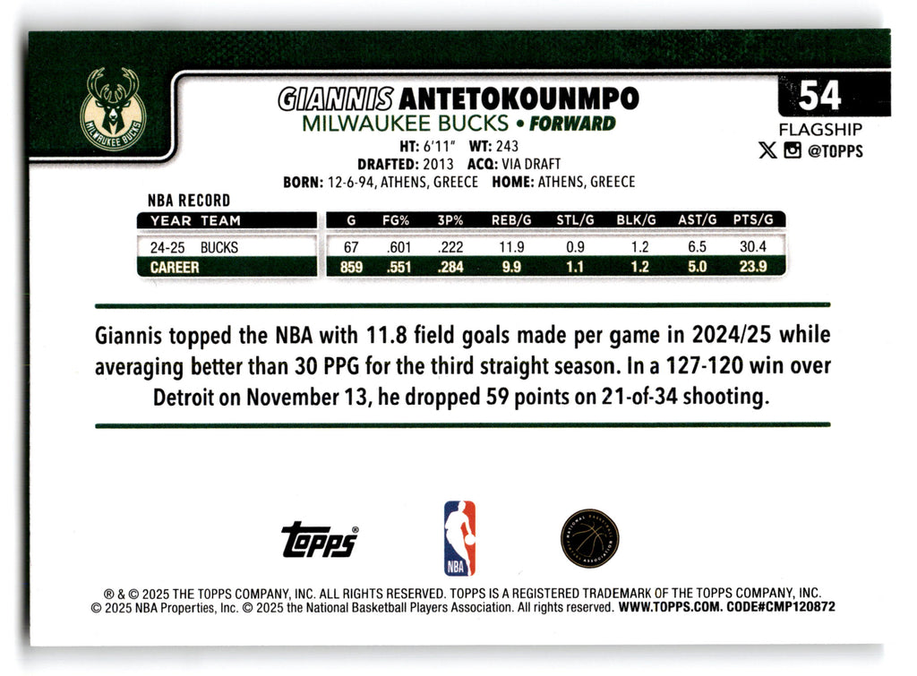 2025 Topps Flagship Giannis Antetokounmpo #54