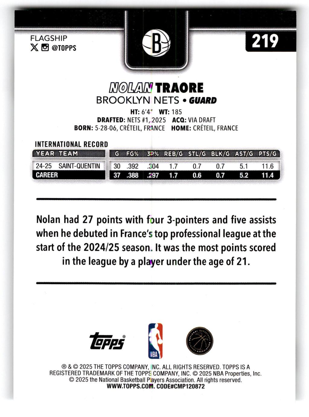 2025 Topps Flagship Basketball Nolan Traore #219 RC