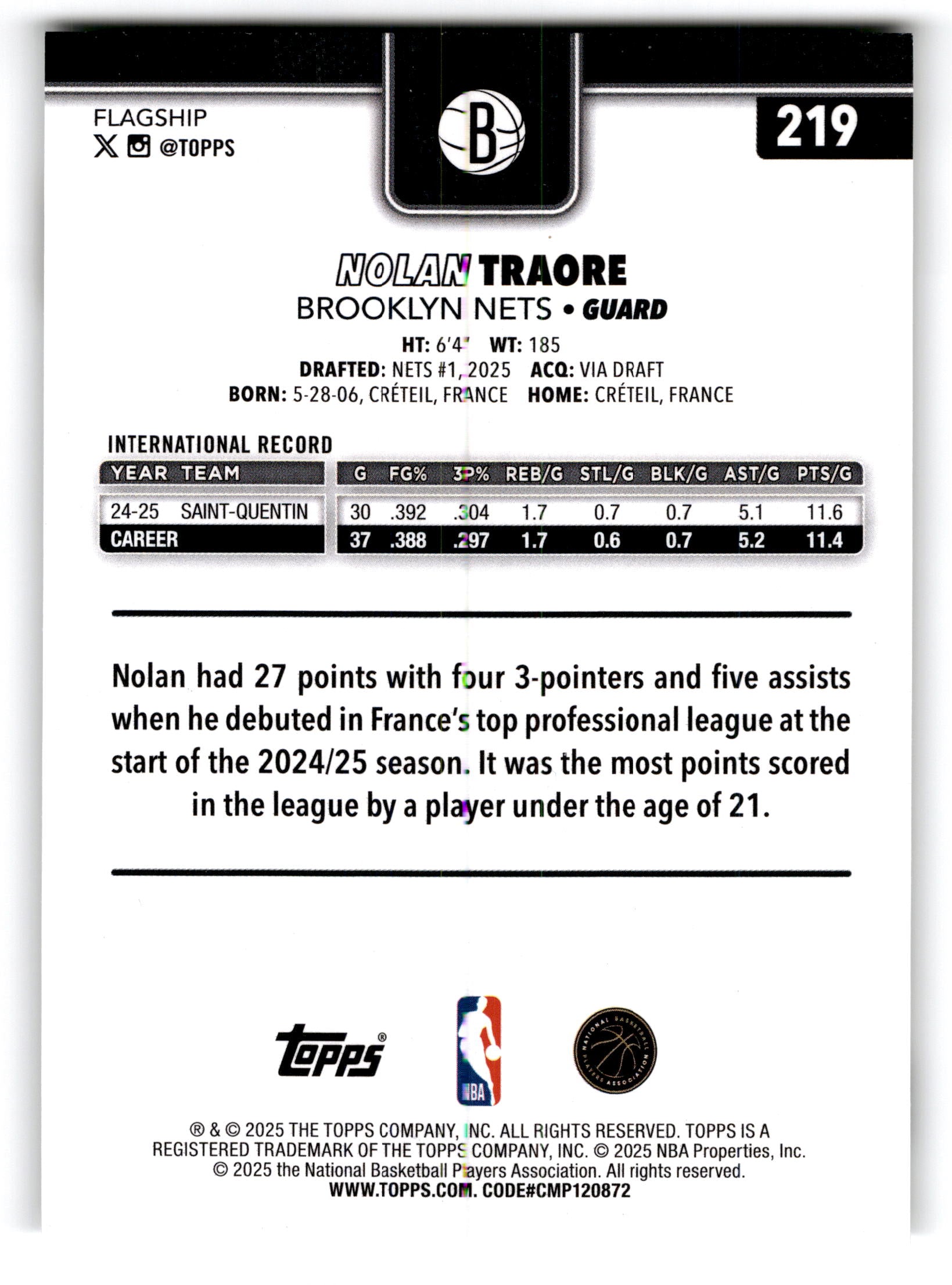 2025 Topps Flagship Basketball Nolan Traore #219 RC