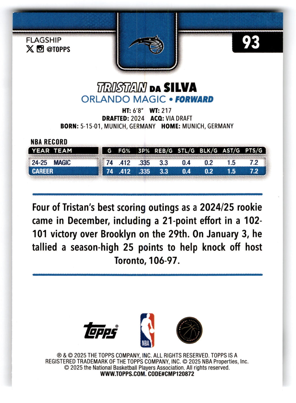 2025 Topps Flagship Basketball Tristan da Silva #93