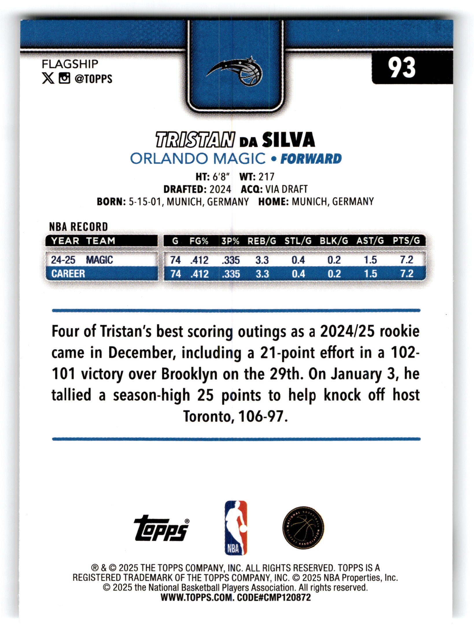 2025 Topps Flagship Basketball Tristan da Silva #93