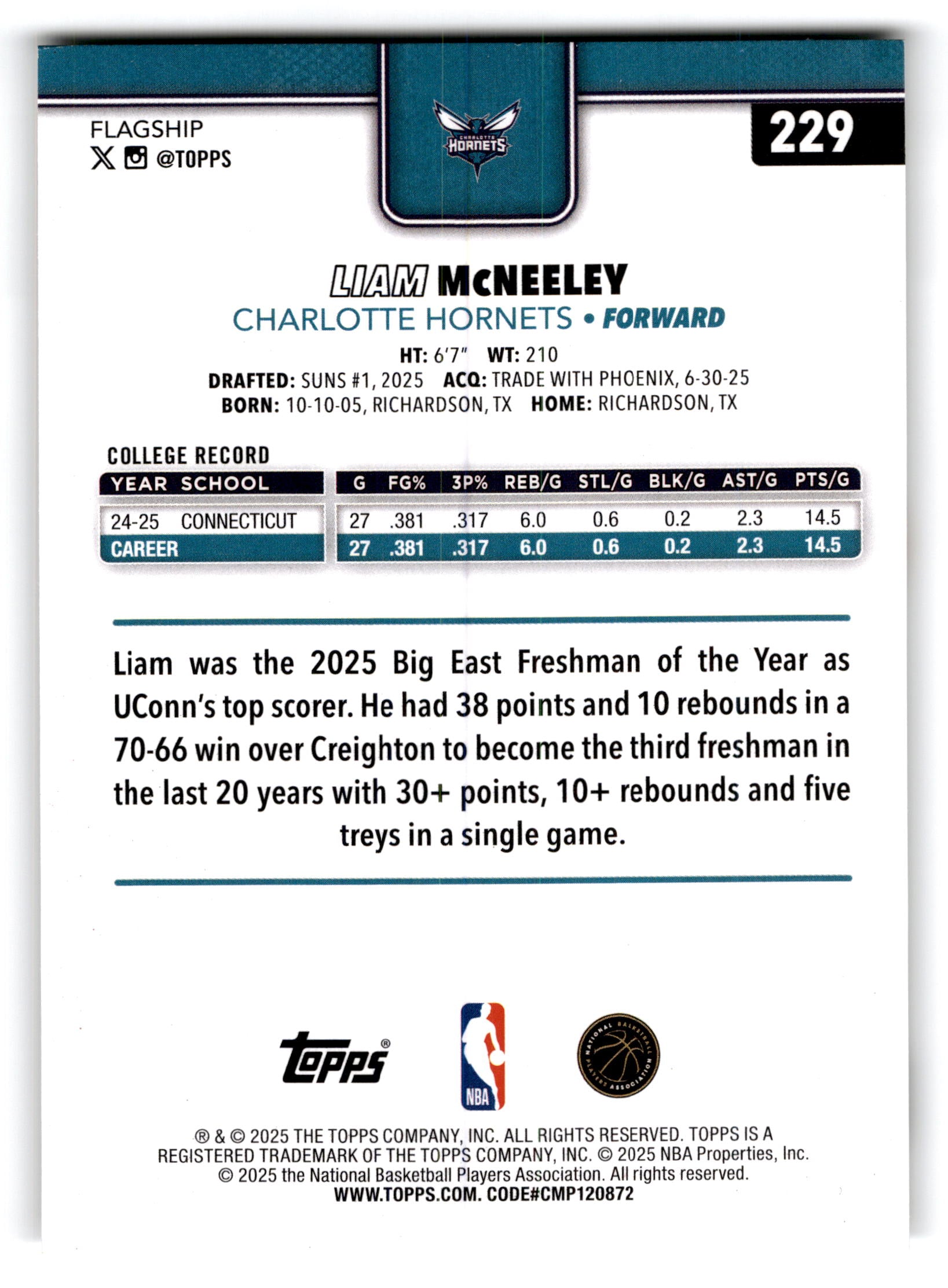 2025 Topps Flagship Liam McNeeley #229 RC