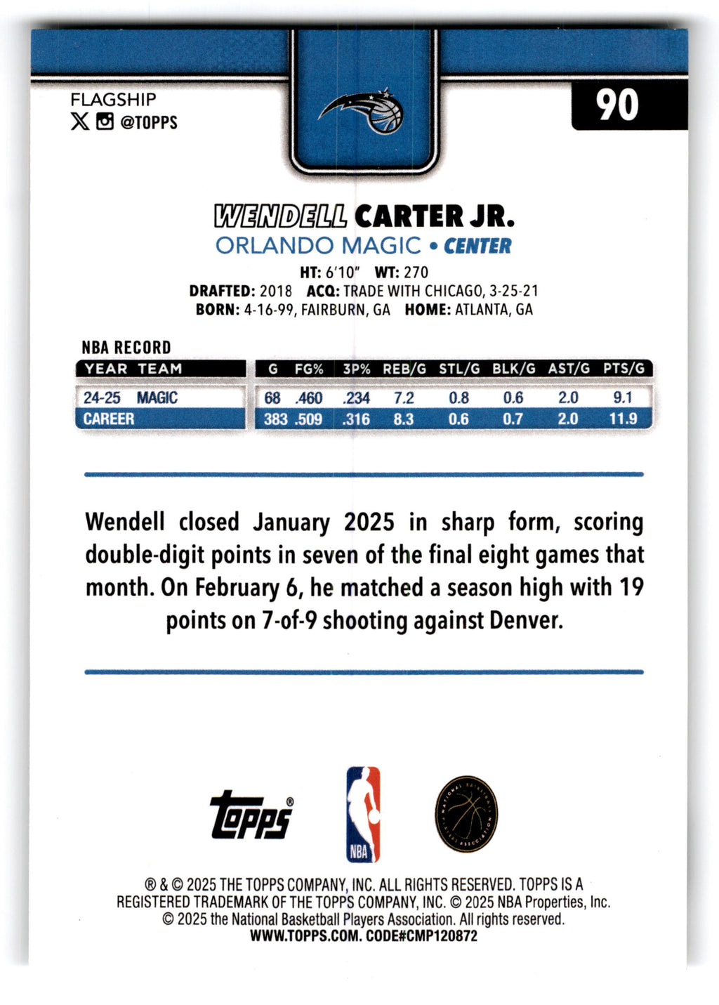 2025 Topps Basketball Flagship Wendell Carter Jr. #90
