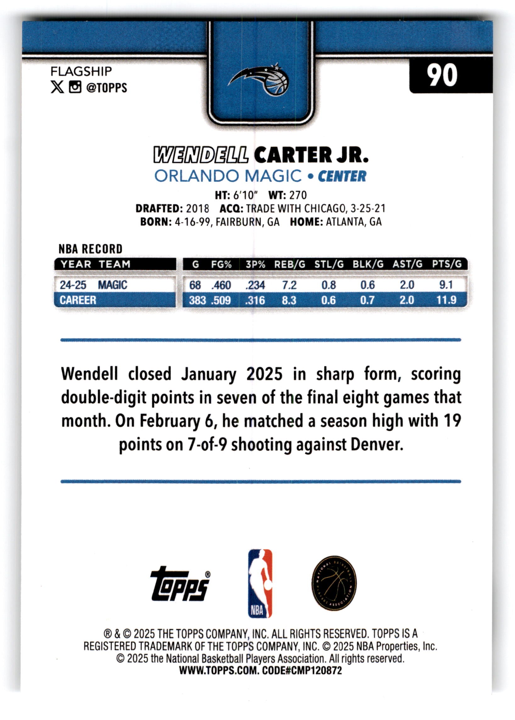 2025 Topps Basketball Flagship Wendell Carter Jr. #90