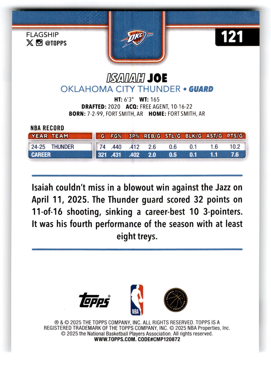 2025 Topps Basketball Flagship Isaiah Joe #121