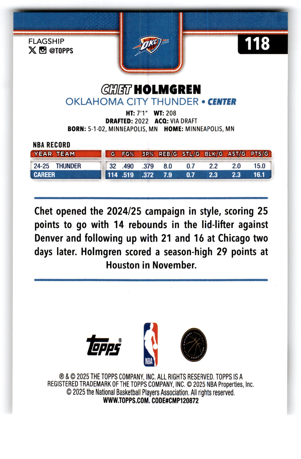 2025 Topps Flagship Basketball Chet Holmgren #118