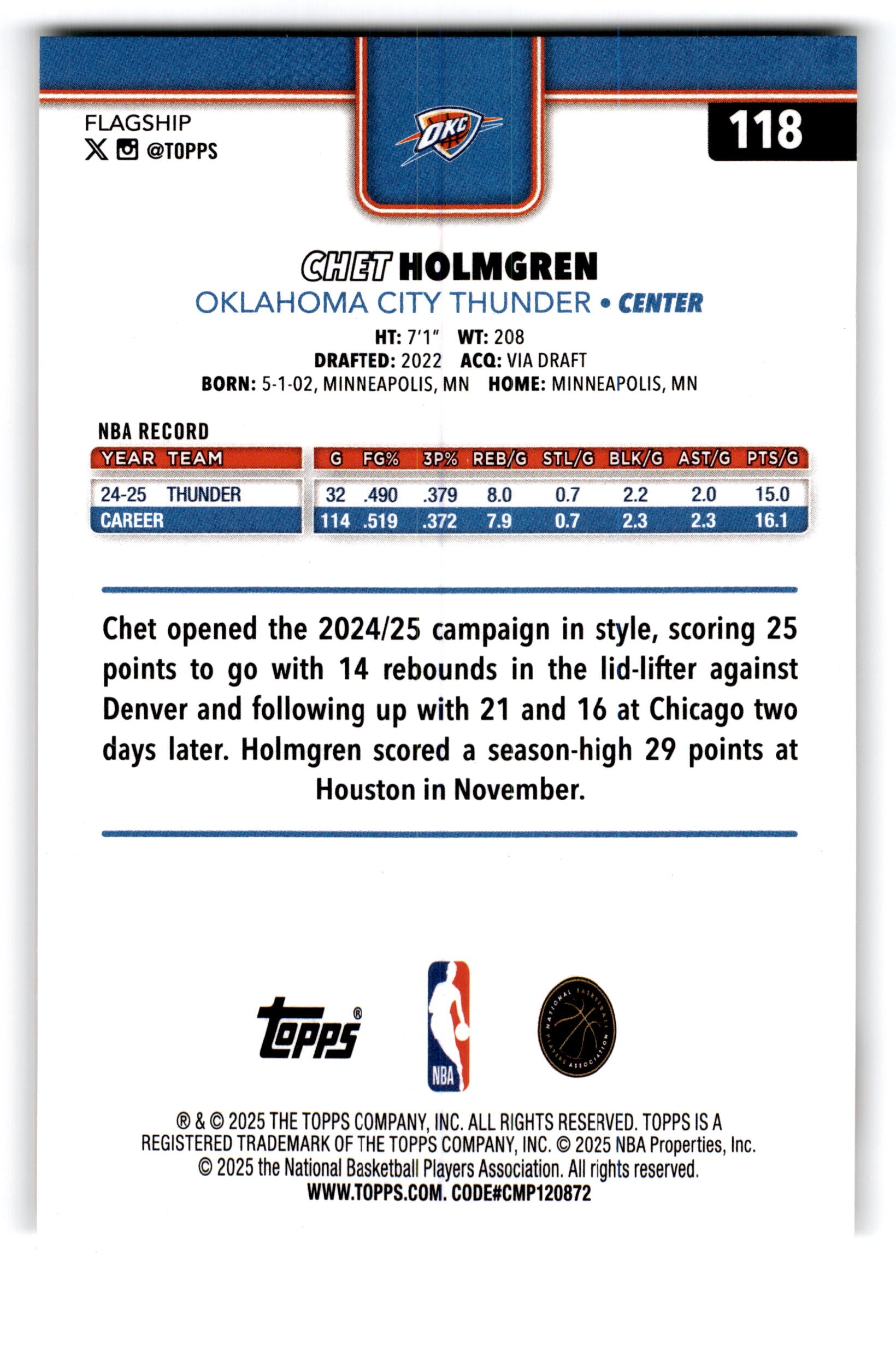 2025 Topps Flagship Basketball Chet Holmgren #118