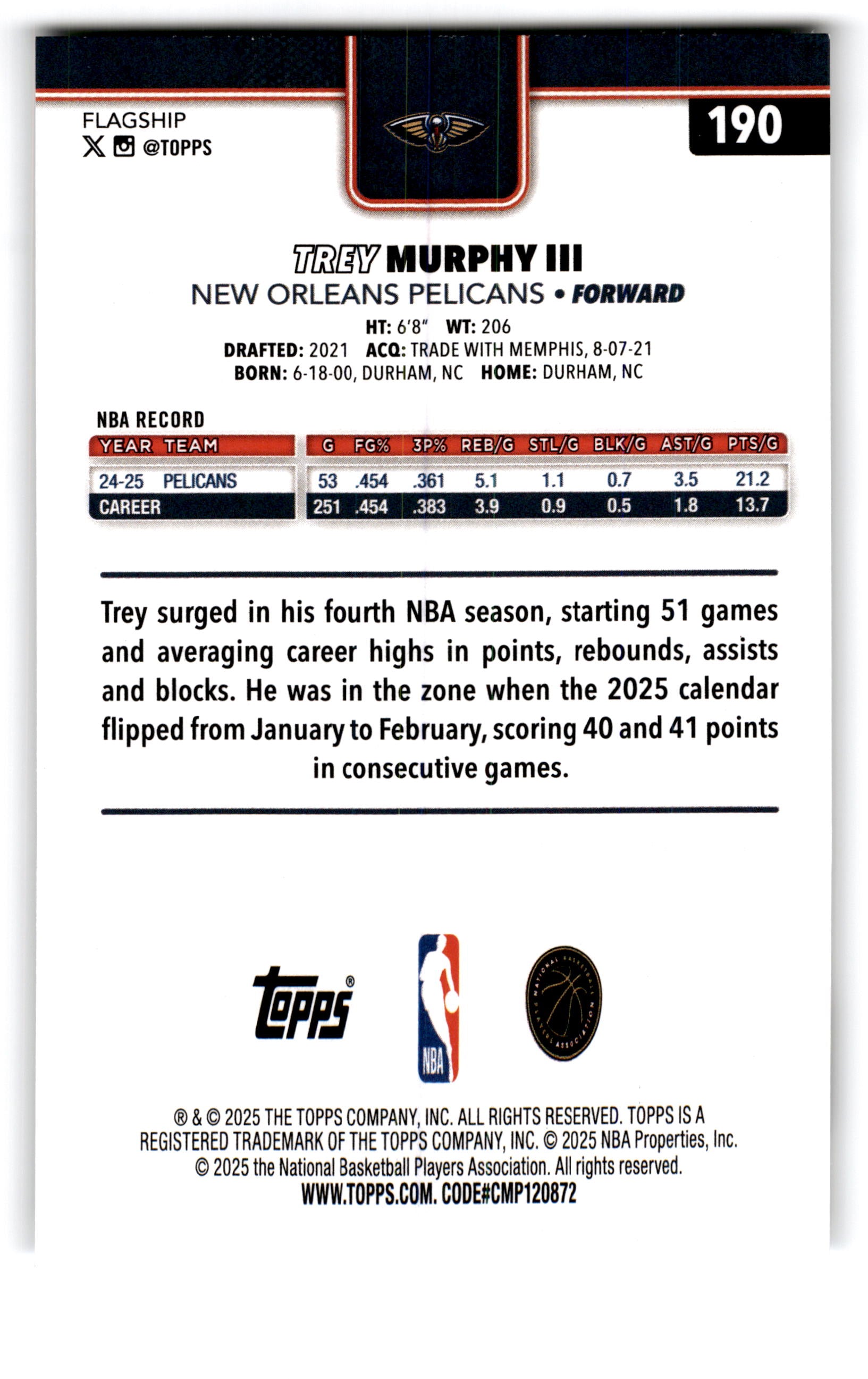 2025 Topps Flagship Trey Murphy III #190