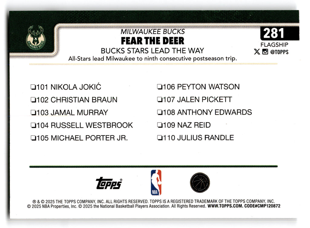 2025 Topps Flagship Milwaukee Bucks #281
