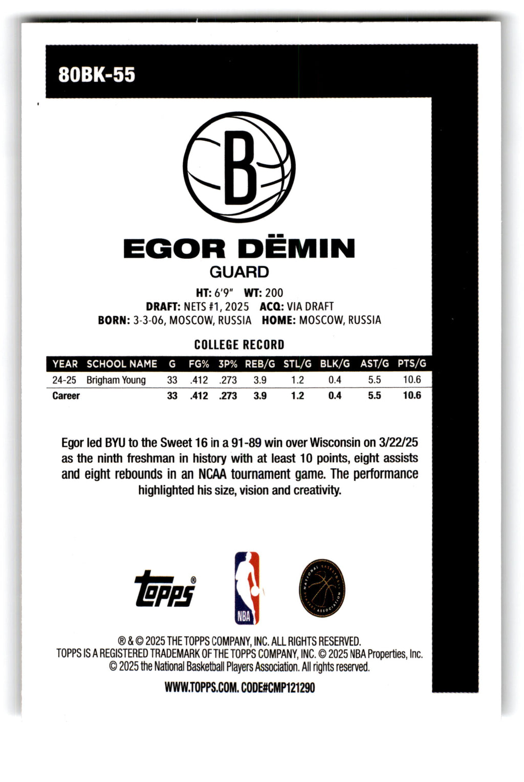 2025 Topps Basketball Egor Demin #80BK-55 RC