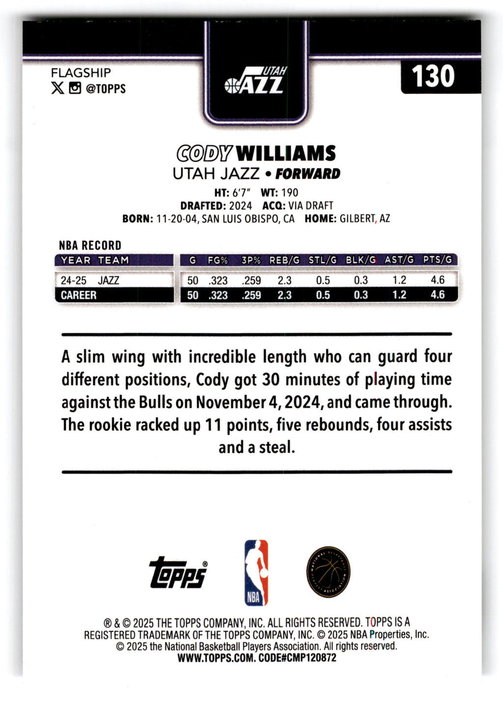2025 Topps Flagship Cody Williams #130