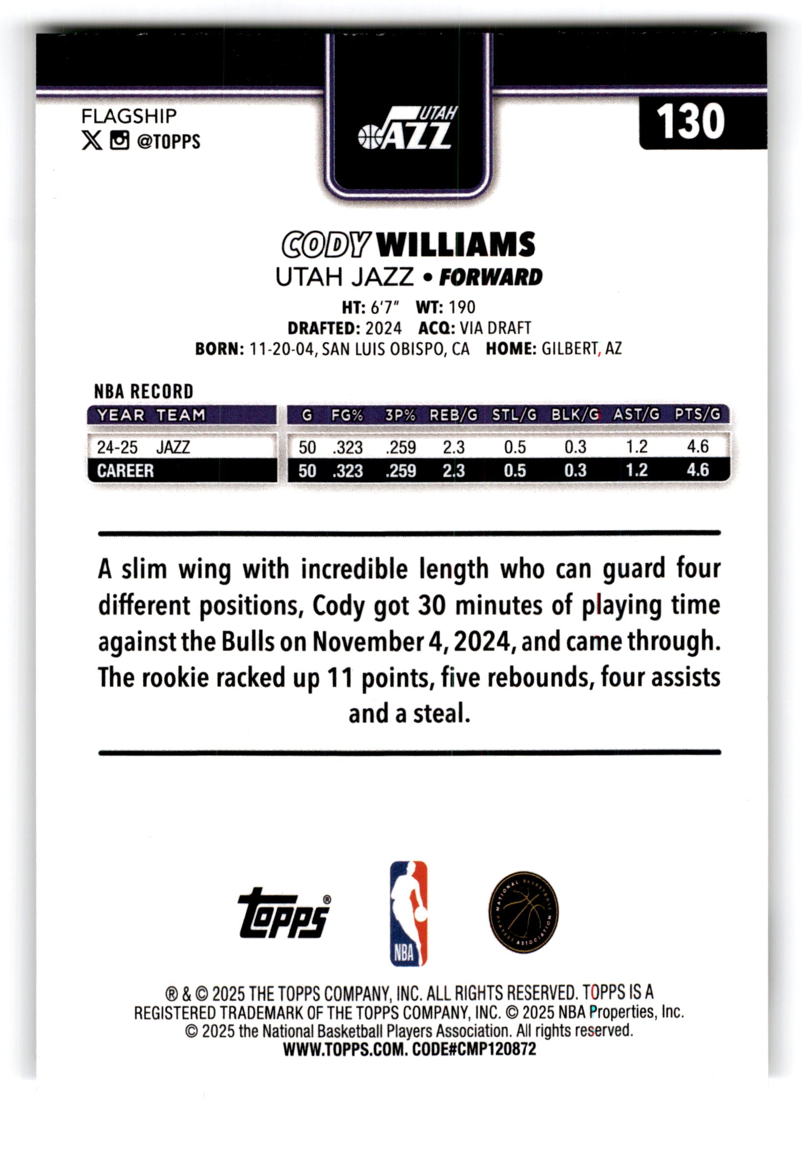 2025 Topps Flagship Cody Williams #130