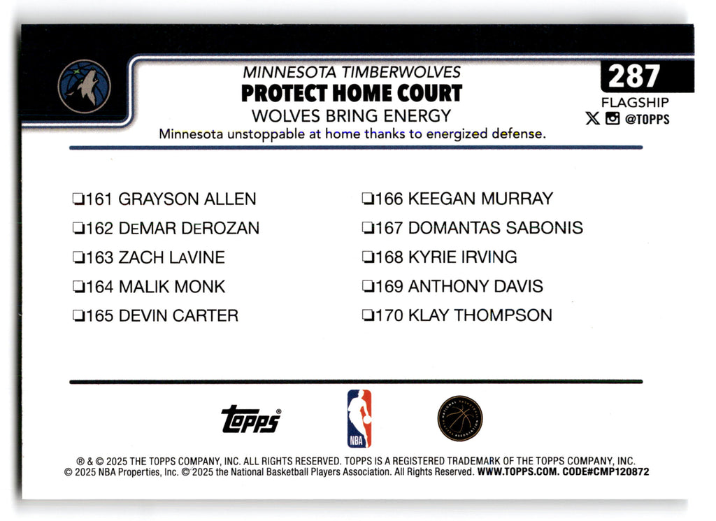 2025 Topps Flagship Protect Home Court Minnesota Timberwolves #287