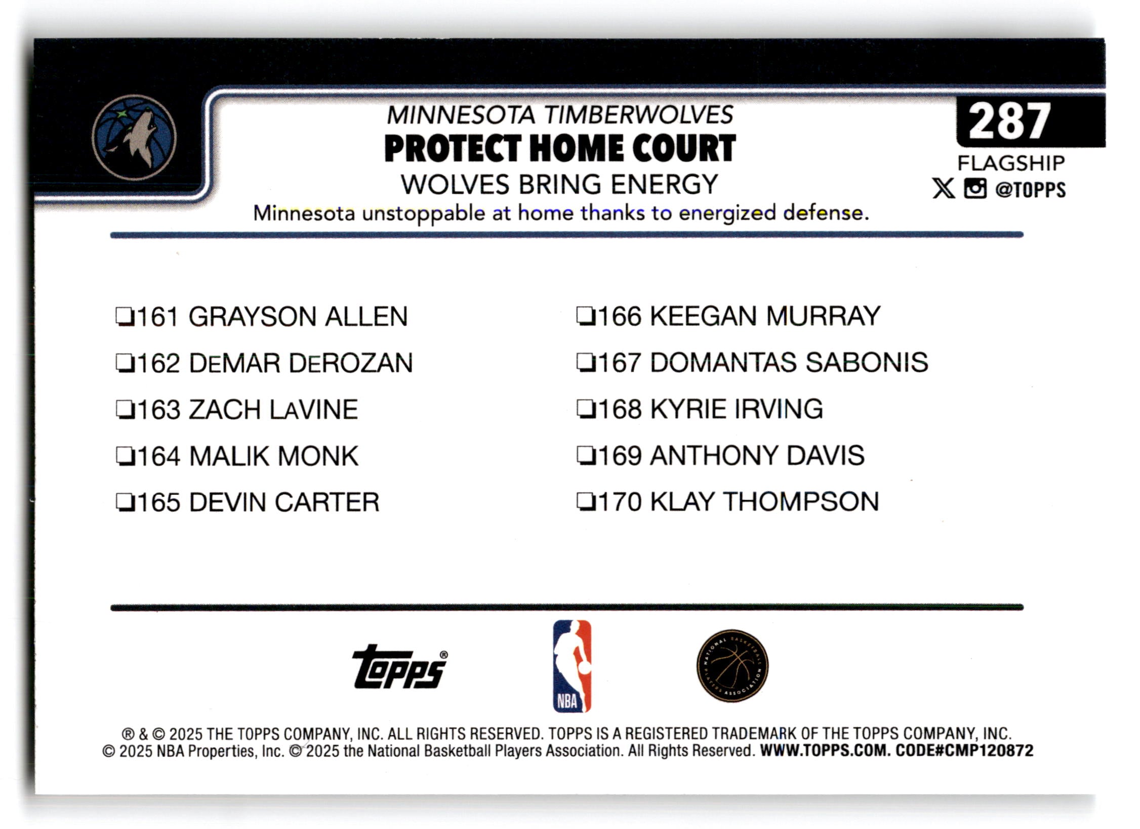 2025 Topps Flagship Protect Home Court Minnesota Timberwolves #287