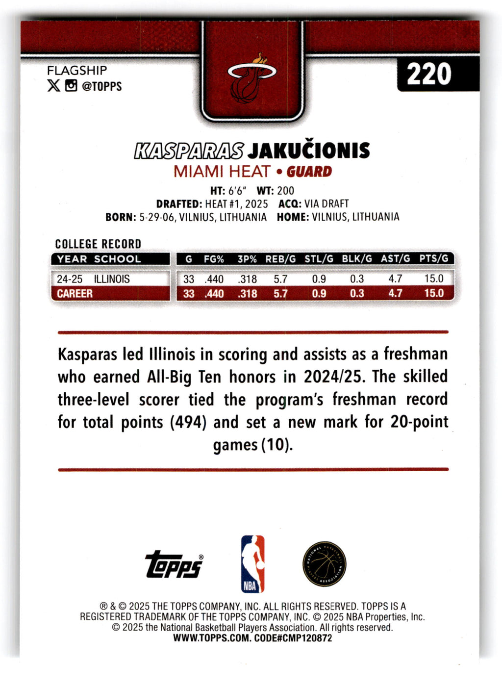 2025 Topps Flagship Kasparas Jakucionis #220 RC