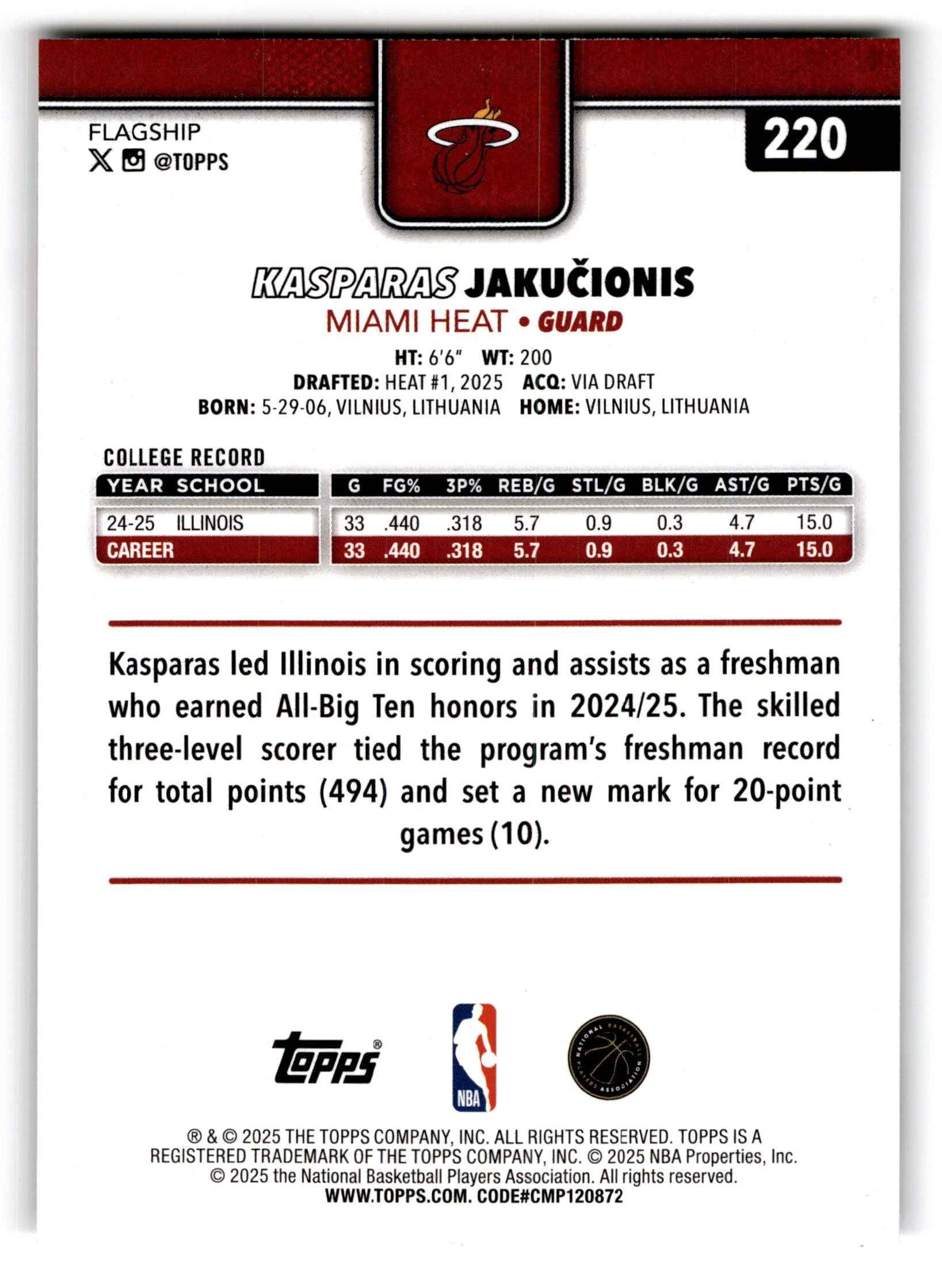 2025 Topps Flagship Kasparas Jakucionis #220 RC
