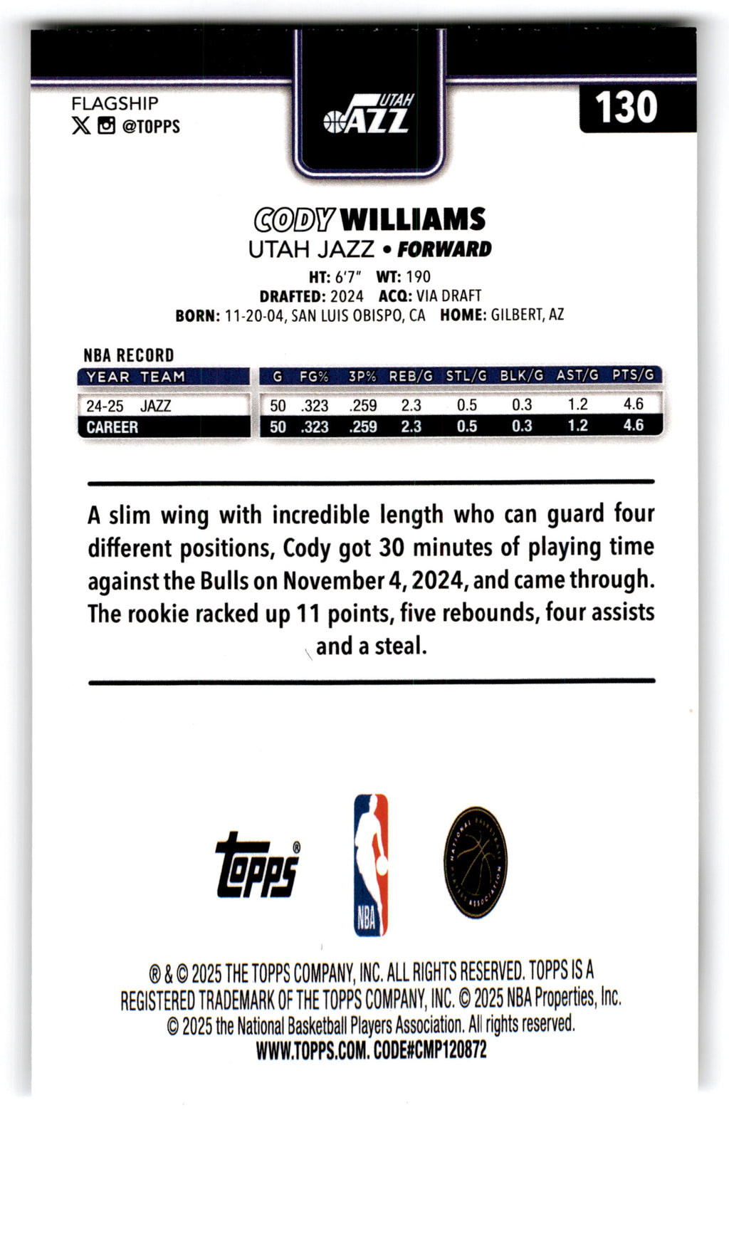 2025 Topps Flagship Cody Williams #130
