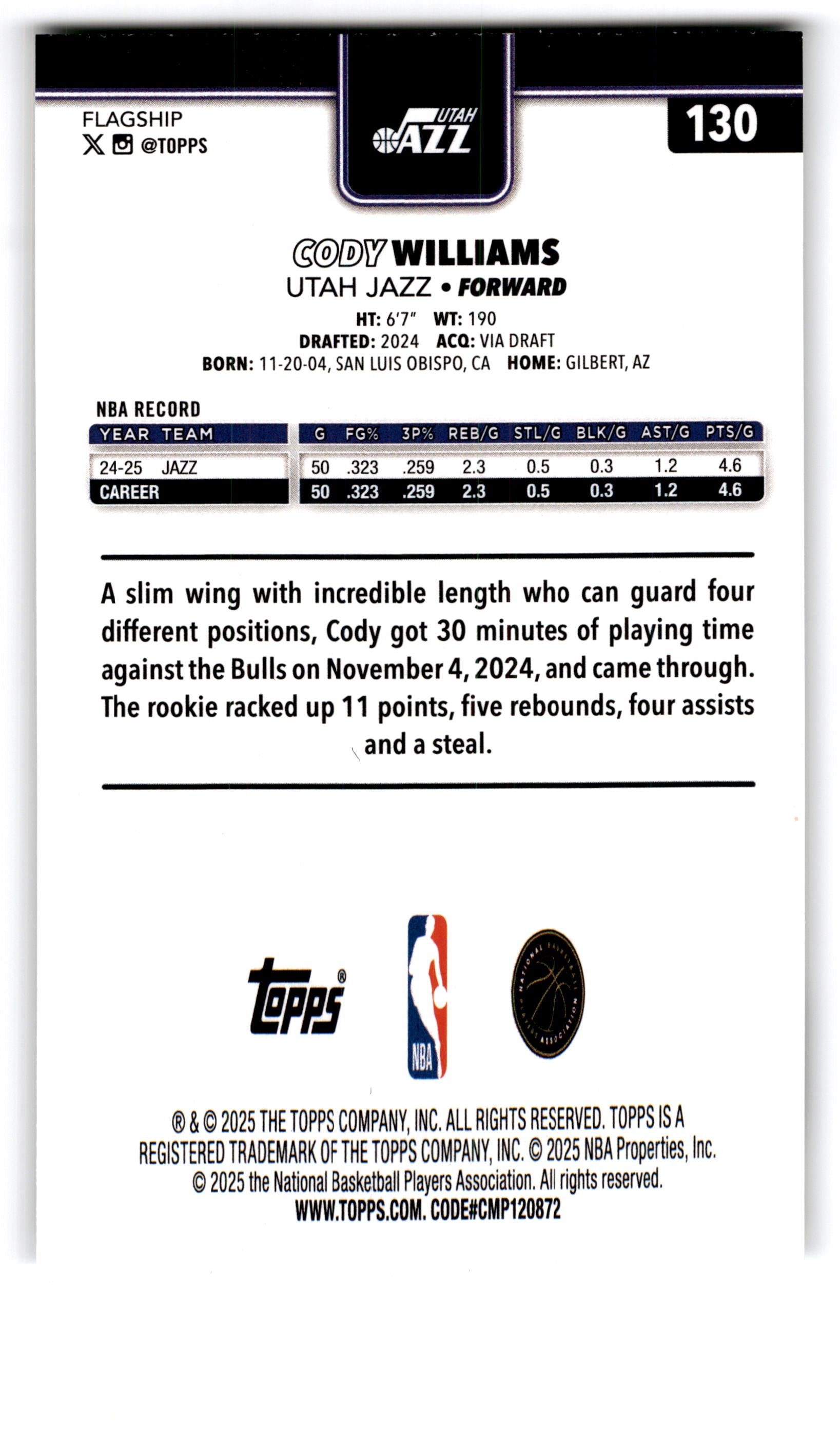 2025 Topps Flagship Cody Williams #130
