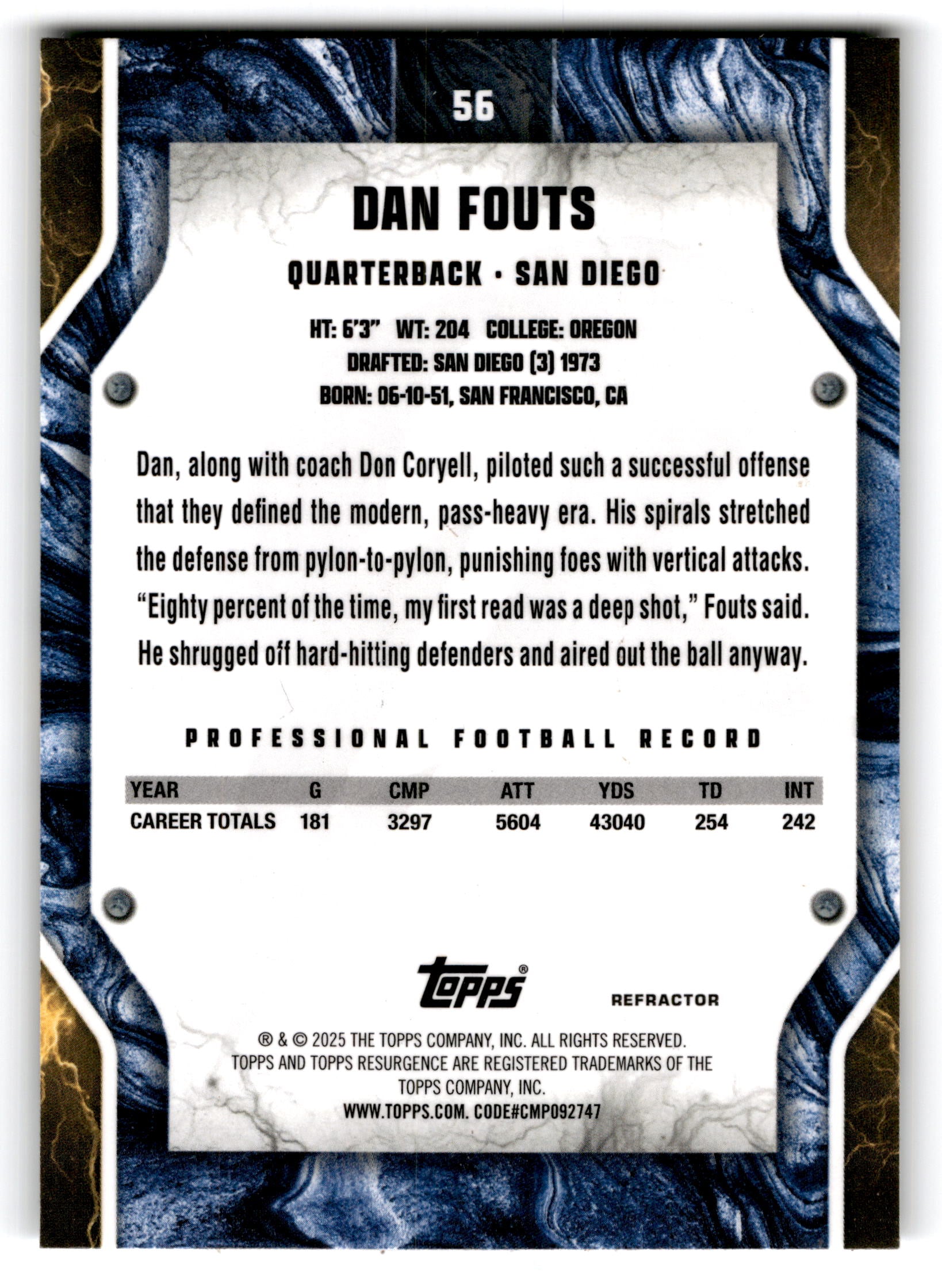 2025 Topps Chrome Dan Fouts #56 Refractor