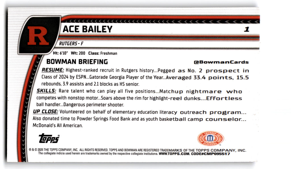2024 Bowman Chrome University Basketball Ace Bailey #1