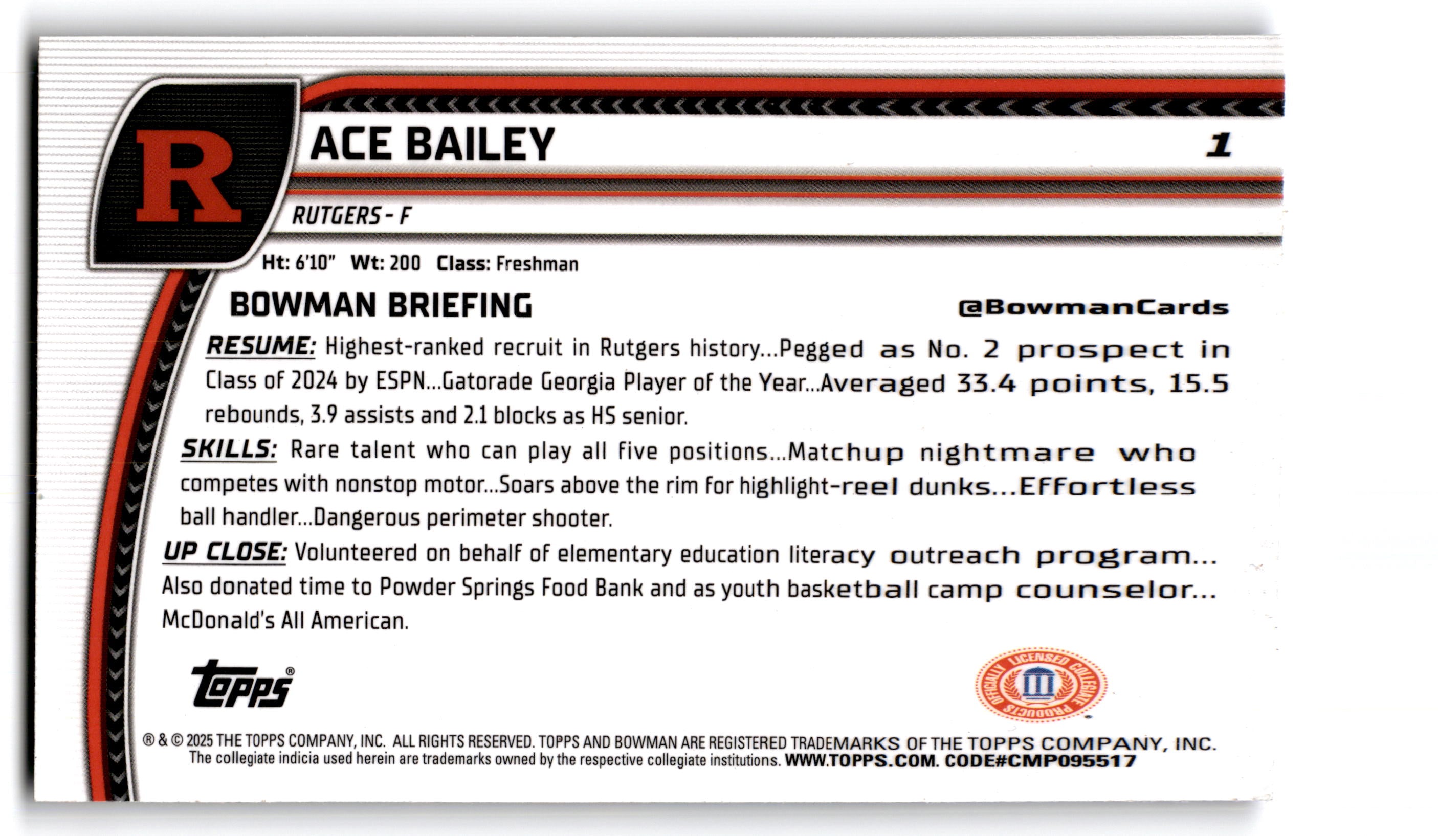 2024 Bowman Chrome University Basketball Ace Bailey #1