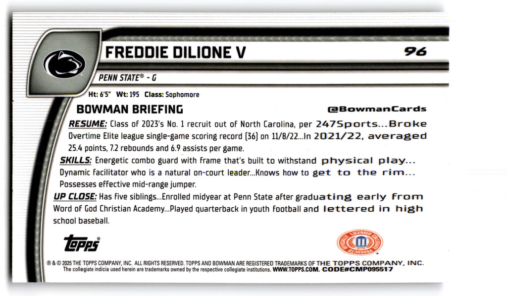 2023 Topps Bowman University Chrome Freddie Dilione V #96