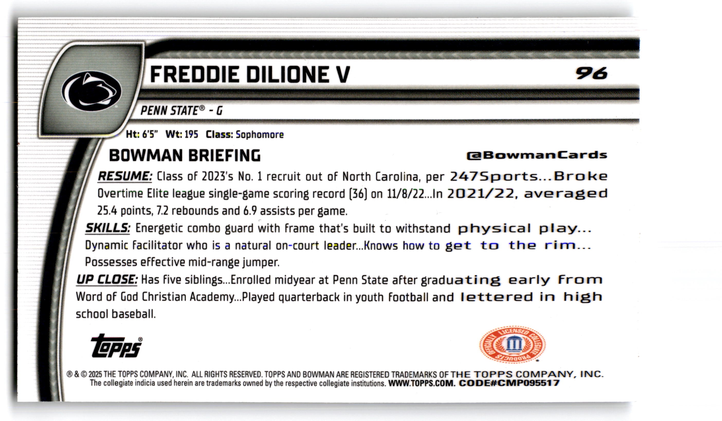 2023 Topps Bowman University Chrome Freddie Dilione V #96