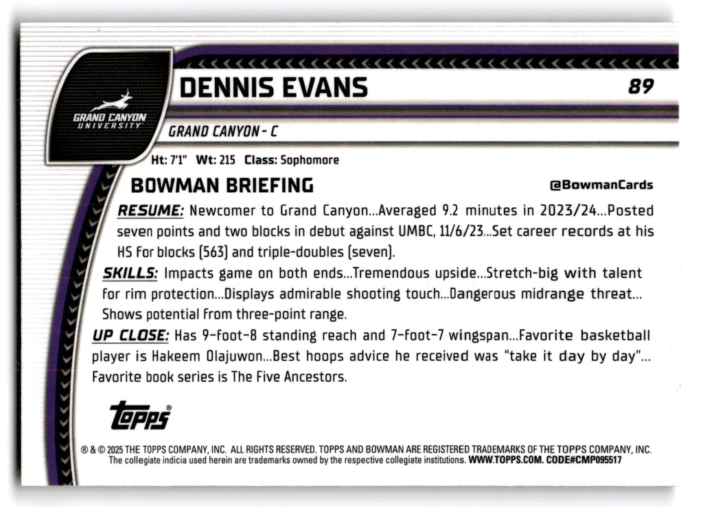 2025 Topps Bowman Chrome University Dennis Evans #89