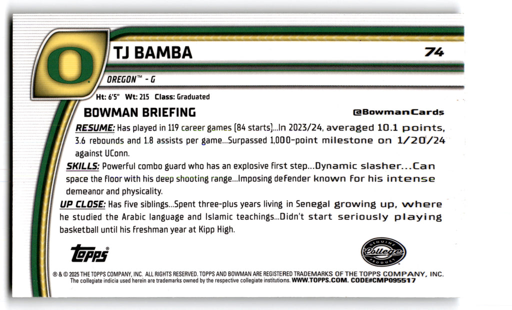 2025 Topps Bowman U Chrome TJ Bamba #74