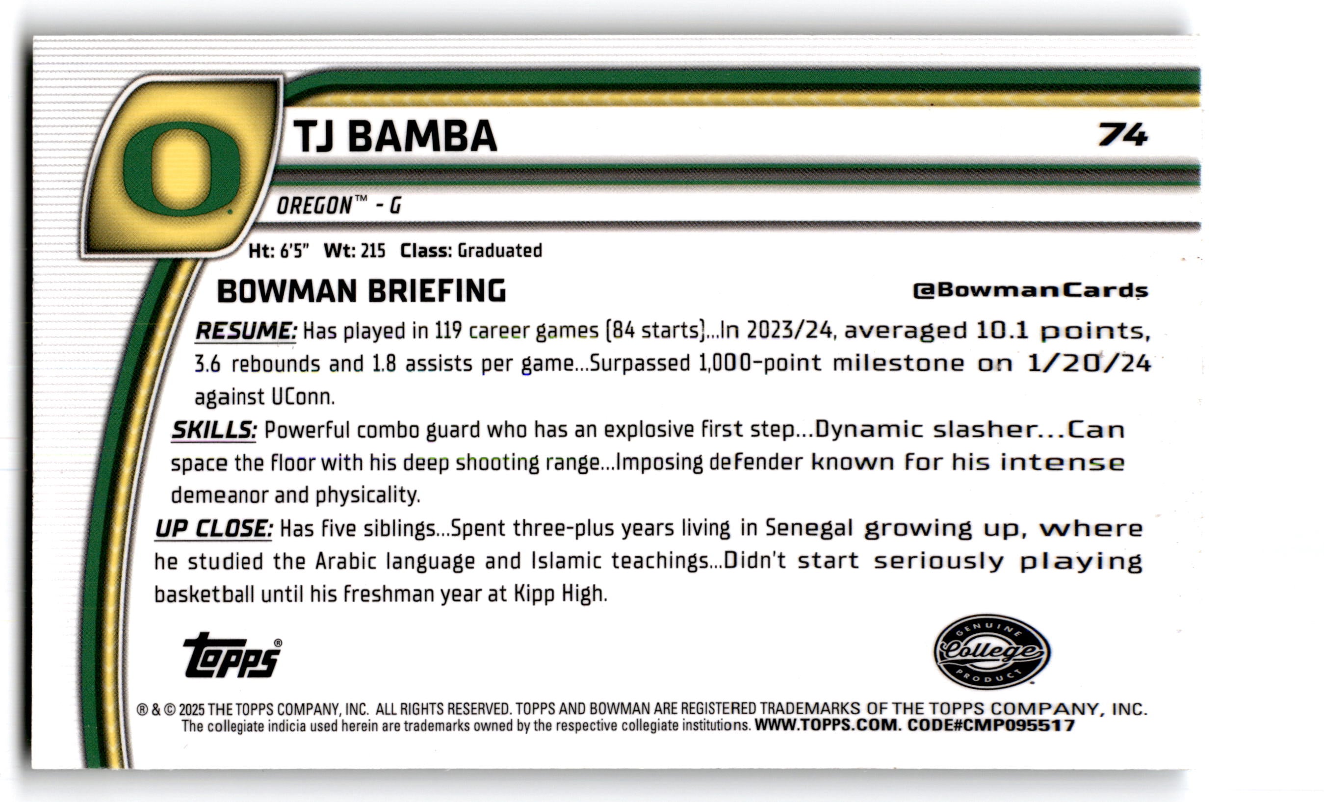 2025 Topps Bowman U Chrome TJ Bamba #74
